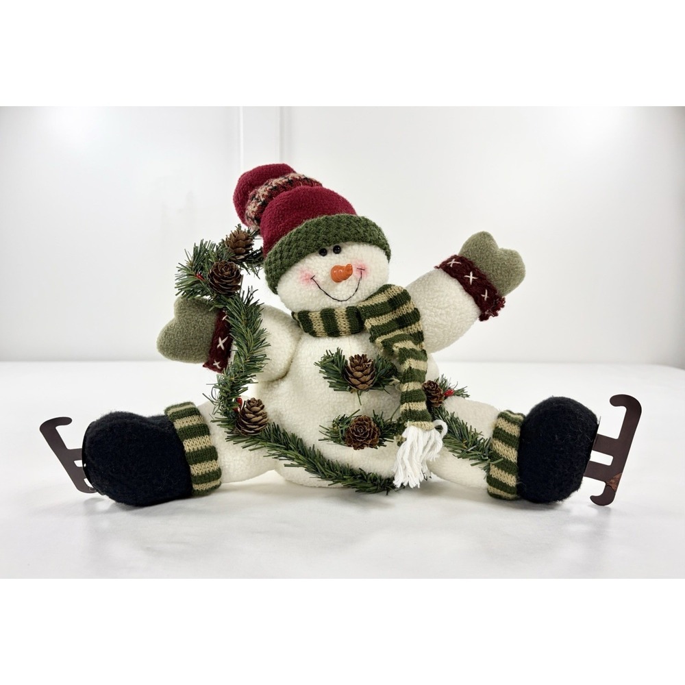 Vintage Plush Snowman Shelf Sitter Figurine Ice Skates Wreath Christmas Decor